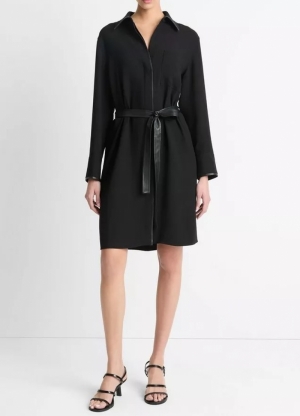 LEATHER TRIM SHIRT DRESS 001BLK