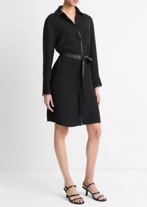 LEATHER TRIM SHIRT DRESS 001BLK