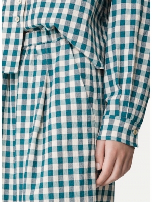 COTTON GINGHAM WIDE LEG PANTS PEACOCK 9010